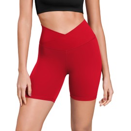 ODODOS Cloud Feeling Cross Waist Yoga Shorts for Women, 6" Crossover High Waist Lounge Biker Shorts, Red, Medium