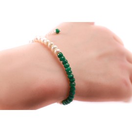 Genuine Emerald Faceted Rondelle and Freshwater Pearl Bracelet in 925 Sterling Silver Clasp and 1" Extension Chain (6" + 1" Extension)