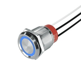 HBAN 22mm Momentary Stainless Steel Flat Round Pre-Wired Head Push Button Switch 10A 2 Normally Open with Ring Led 12V 24V 1PCS (Momentary, Blue)