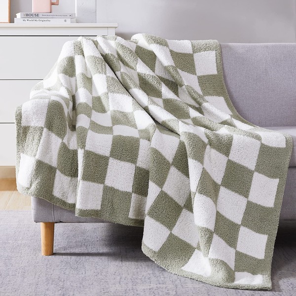 WRENSONGE Checkered Throw Blanket, Sage Green Microfiber Soft Cozy Fluffy