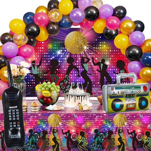 95 Pcs 70s Party Decorations Disco Party Balloons Decoration 70's Party Bundle Includes Inflatable Radio Boombox and Mobile Phone, Disco Plastic Party Backdrop, Tablecloth, Balloons for Hip Hop Party