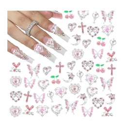 Luxvara 24 Stück Nägel Charms, 3D Nagel Charms Set, Rosa Diamant Nagel Charms, Metall Nagels Kunst Dekorationen mit Herzen Schleifen Kreuze, Nageldesign Zubehör für DIY Nägel Design
