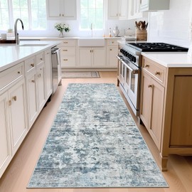 Soalmost Washable Runner Rug, 2.5'x8' Rug Runner Non-Slip Kitchen Runner Rug Vintage Foldable Hallway Runner Rug for Entryway, Laundry, Bedroom, Blue