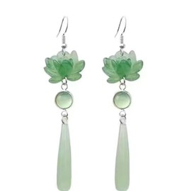 Neo-chinese Style Jade Lotus Drop Earrings Long Tassel Lotus Flower Dangling Earirngs Chinese Hanfu Qipao Accessories Jewelry (green lotus A)
