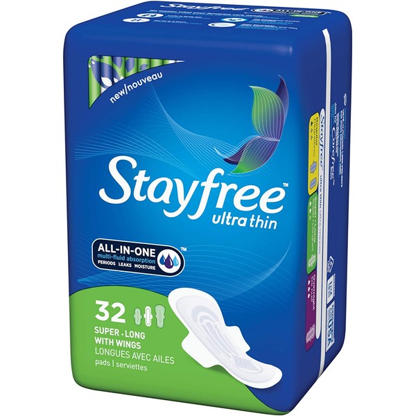 Stayfree Ultra Thin Long Pads with Wings, 32 Count (Pack of 2)