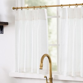 jinchan Linen Pinch Pleated Kitchen Curtains 36 Inch 2 Panels, Natural Linen Tier Curtains Back Tab Beige Farmhouse Cafe, Light Filtering Small Window Drapes for Bathroom Laundry Room Off White