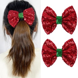 Glitter Bow Hair Clips Large Red Sparkly Sequins Bow Hairpin Ribbon Bows Alligator Clips Hair Barrettes Hair Accessories for Women Girls Xmas Birthday Party