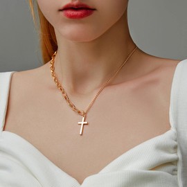 Cimenexe Bohemian Cross Pendant Necklace Sparkling Paper Clip Chain Vintage Asymmetrical Necklace Chain Gold Adjustable Minimal Necklace Jewellery for Women and Girls