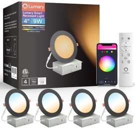 Lumary Black Smart Recessed Lighting 4 Inch, 9W 780LM Color Changing LED Downlight with J-Box, Dimmable Canless Wafer Light, Compatible with Alexa/Google Assistant/BT Remote, ETL Listed, 4 Pack