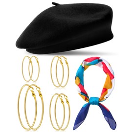Shyyween 6 Pcs Wool French Beret Hat Gold Plated Hoop Earrings Set 27.5 Inch Silk Scarf Satin Oil Paint Head Scarf for Women(Black)