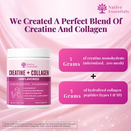 Native Essentials Creatine for Women – 5g Creatine Monohydrate + 5g Collagen Peptides to Support Workout Performance, Lean Muscle, Glute Growth, and Healthy Hair, Skin & Nails. 30 Serv. Mixed Berry.