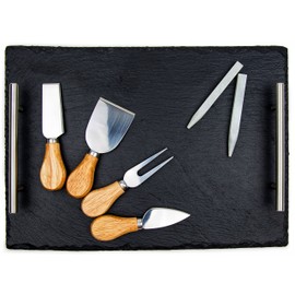 Slate Cheese Board Set - Deluxe Cheese Serving Tray with Stainless Steel Handles - Includes 4 Cheese Knives and 2 Soapstone Chalks - Great for Home & Restaurant Cheese Tapas & Appetizers Serving