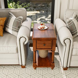 Narrow End Table with Drawer and Storage Shelf, Solid Wood Sofa Side Table, Slim Beside Table, Telephone for Small Spaces, Living Room, 22"L x 13"W x 22.7"H No-tools Assembly Caramel Brown BBJ004DR