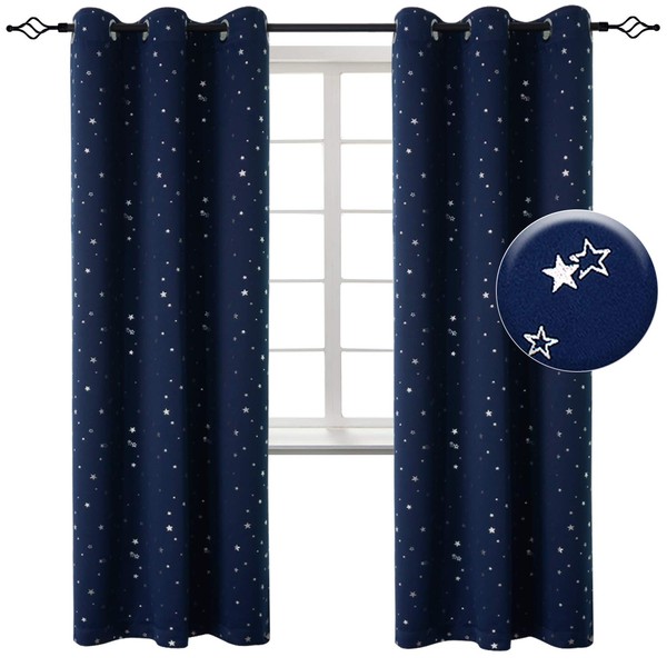 BGment Navy Star Blackout Curtains for Kid's Bedroom - Grommet Thermal Insulated Room Darkening Printed Curtains for Living Room, Set of 2 Panels (42 x 84 Inch, Dark Blue)
