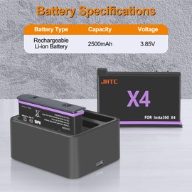 JHTC 360 X4 Battery 2 Packs 2500mAh and X4 Battery Charger Kit Compatible with 360 X4 Camera (with 2 Misro SD Card Cases)