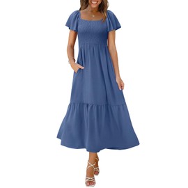 OFEEFAN Casual Dresses for Women Summer Maxi Dresses Flutter Sleeve Flowy Dress Dusty Blue L