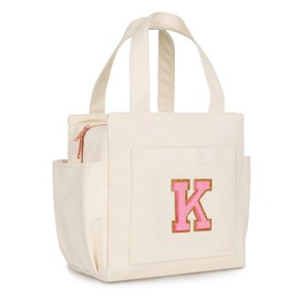 Joymee Leather Lunch Box Lunch Bag for Women Adult Insulated Reusable Leakproof Large Spacious Lunch Cooler Lunch Tote Bag with Bottle Holder and Side Pockets for Work Picnic Beach (Letter K)