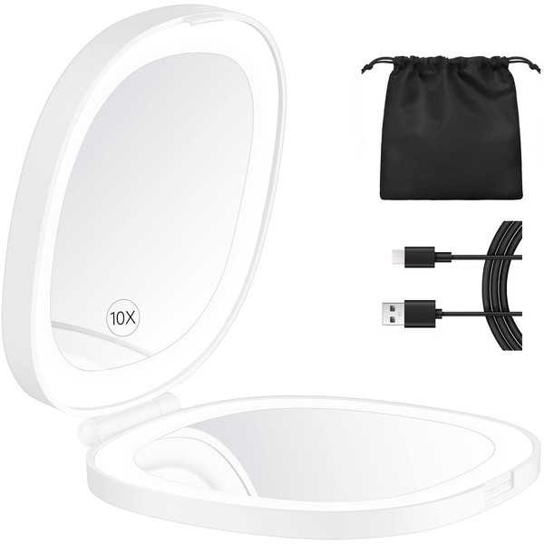 KEDSUM Espejo de maquillaje de viaje iluminado, espejo compacto de aumento 1X/10X con luces LED recargables, espejo plegable de doble cara, portátil, luz de día, carga USB (blanco)