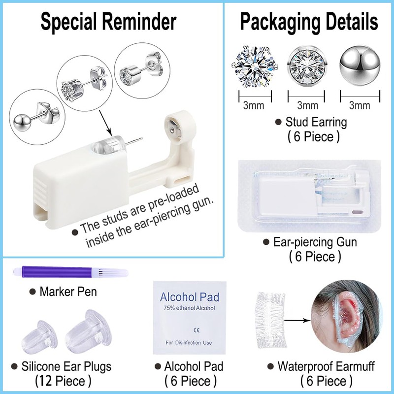 VitaCool Ear Piercing Kit Disposable Ear Cartilage Piercing Gun 3mm