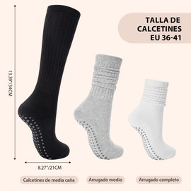 Aurmly Pilates Socks with Grips for Women 3 Pairs, Ladies Cotton Long Scrunch Non Slip Socks for Yoga Barre Hospital Slouch Slipper Socks UK4-8