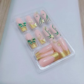 Long Square Press on Nails Gold French Tip Fake Nails with Gold Butterfly Design Handmade Luxury Fashion Press on Butterfly Stick on Full Cover False Nail 3D Stereo Butterflies Nail Art Tips for Women