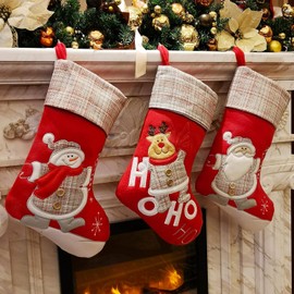 WEWILL 3-Pack Christmas Stockings – Santa, Snowman, Reindeer 3D Plush Characters, Linen Hanging Stockings with Knit Border for Home, Family & Kids