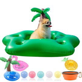 KUCDBUN Dog Pool Floats Set, Dog Float Raft with Collapsible Dog Bowl, Non-Toxic Floating Dog Water Toys for Small Dog, Puppy and Doggies, Coconut Tree