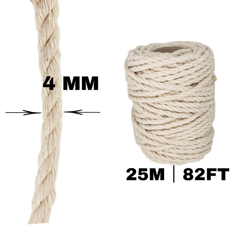 4MM Twisted Cotton Rope. 100% Natural. Strong Cord String for