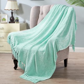 BYTIDE Chenille Knitted Throw Blankets with Fringe Tassels, Velvety Soft Textured Lightweight Afghan Mexican Decorative Throw Blankets for Couch Bed Sofa Chair Outdoor (Seafoam Green 50 x 60 in)