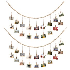 2 Pcs Hanging Photo Display with 36 Wood Clips DIY Boho Collage Picture Frame Photo Wooden Beads Garland Hanging Picture Holder 3.61 ft Rustic Photo Wall Decor for Dorm Bedroom Nursery