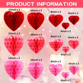 Seajan 30 Pcs Heart Honeycomb Party Decorations Pink Peach Red Tissue Paper Heart Shaped Pom Poms Decoration Valentine Hanging Decorations for Birthday Wedding, 5 Size