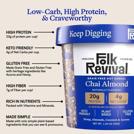 Folk Revival Chai Almond Keto Instant 'Oatmeal' - 20g Protein, 4g Net Carbs, High Fiber, Non GMO, Gluten Free, Made with Acorns - 12 Cups Per Case