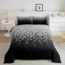 Feelyou Silver Glitter Print (No Glitter) Comforter Bling Party Decorations Bedding Set Diamond Black Comforter Set for Girls BedDuvet Set Quilt Set Queen Size