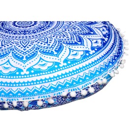 CRAFT KALA Round Mandala Boho Pillow Cover Meditation India Room Seating Poufs Cover for Living Room Yoga Room Home Décor Bedroom Balcony Garden Decoration Cotton Floor Cushion Cover (22", Blue Ombre)