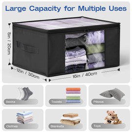 Clothes Storage Bags, Foldable Thick Fabric Blanket Storage Boxs, Large Clear Window with Reinforced Handle, Great for Clothes, Blankets, Closets, Pillows, Toys (Black, 4Pack)