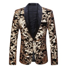 PYJTRL Men Fashion Velvet Sequins Floral Pattern Suit Jacket Blazer (Black Flat Collar, L)