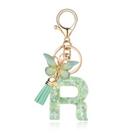 OKAICEN Fashion Alphabet Initial Letter Keychain Green Tassel Butterfly Pendant Key Ring for Purse Handbags Women Girl('R')