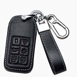 HIBEYO Smart Car Key Case Fits for VOLVO Protective Key Case Cover Cowhide Leather Fits for VOLVO XC90 XC70 S60 S80 S90 C30 V70 V90 T6 T8 Remote Key Ring-6buttons Black