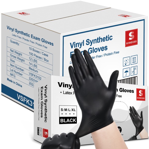 Schneider Black Vinyl Exam Gloves, 4mil, Disposable Gloves Latex-Free, Plastic Gloves for Medical, Cooking, Cleaning, and Food Prep, Surgical Gloves, Powder-Free, Non-Sterile, 1000-ct Case (Medium)