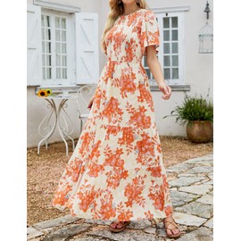 ZESICA Women's 2025 Summer Casual Floral Print Short Flutter Sleeve Crew Neck Smocked High Waist Flowy Maxi Dress,Tangerine,Large