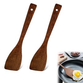 Set of 2 Slotted and Solid Wooden Spatulas, 30 cm, Natural Wood, Non-Stick, Dishwasher Safe, Ergonomic Handle, Heat Resistant - Perfect for Cooking and Serving