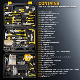 DOWELL Tool Set with 12V Cordless Drill, 223-Pcs Home Tool kit for Men