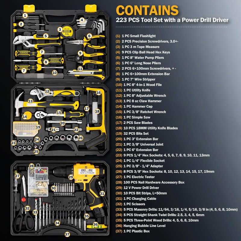 DOWELL Tool Set with 12V Cordless Drill, 223-Pcs Home Tool