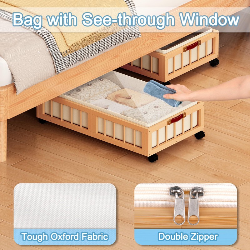 efluky 2-Pack Bamboo Under Bed Storage Containers with Wheels, Under