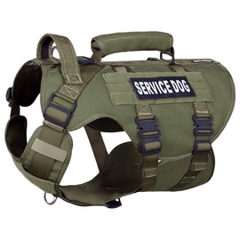DNALLRINO Green Service Dog Harness for Large Dog, Mesh Breathable Dog Lift Harness with Military Molle Vest, Tactical Dog Harness with 39g Metal Buckle for Training Hiking Walking