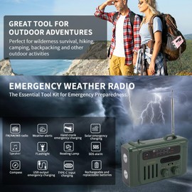 Dpofirs Emergency Hand Crank Solar Radio, AM FM Weather Radio with Foldable Reading Lamp, Portable Bluetooth Speaker with LED Flashlight for Indoor Outdoor (OD Green)