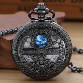 Tiong Black Hollowed Out Moon Phase Quartz Men's Pocket Watch, Roman Numeral White Dial Pocket Watch with Chain