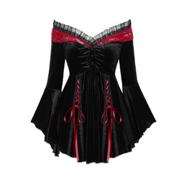 ROSE GAL Rosegal Women Plus Size Romantic Gothic Lace-up Lace Panel Ruched Bell Sleeves Velvet Tee Flare Sleeves Gothic Witch Costume Top(Black_2/1X)
