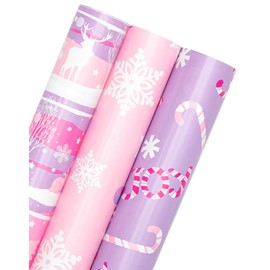 WRAPAHOLIC Christmas Wrapping Paper Roll - Mini Roll - 3 Rolls - 17 Inch X 120 Inch Per Roll - Pastel Pink and Purple Reindeer, Candy Cane with JOY, Snowflake Holiday Collection