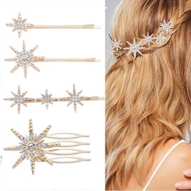Jascatin Star Hair Clip Accessories Rhinestone Headdress Headwear Bobby Pins Side Clamps Grips for Women Girls Thick Thin Hair 4 Pieces (Gold)